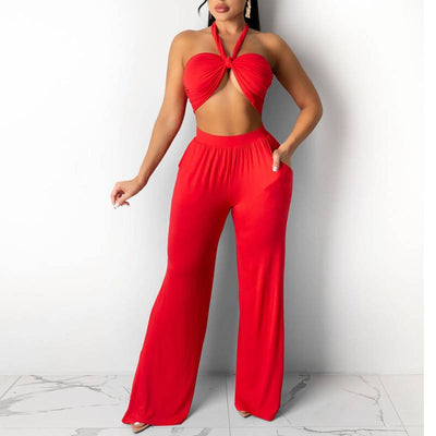 Solid Sleeveless Halter Crop Top & Pants Set