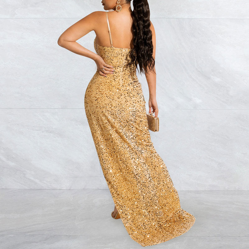 Sequins Sleeveless Spaghetti Strap High Slit Maxi Dress