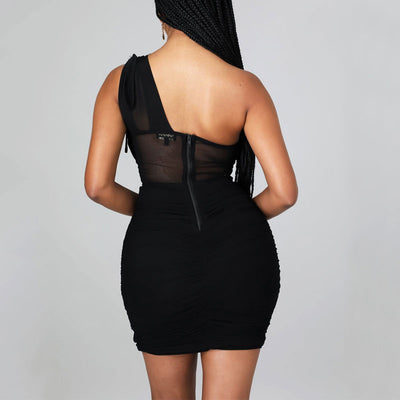 Solid One Shoulder Sleeveless Ruched Mesh Bodycon Dress