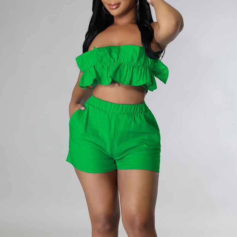 Solid Ruffle Design Tube Top & Shorts Set