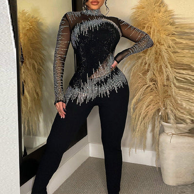 Rhinestone Sheer Mesh Patchwork Skinny Jumpsuit