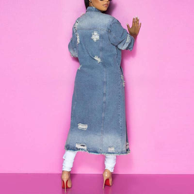 Solid long Sleeve Cut Out Denim Long Coat