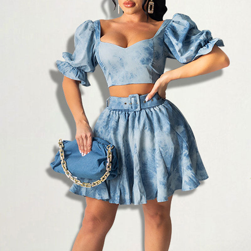 Tie Dye Print U Neck Puff Sleeve Crop Top & Pleated Skirt Set