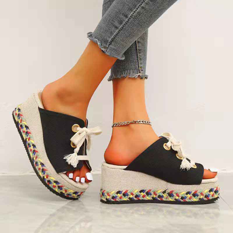 Colorblock Lace Up Braided Wedge Sandals