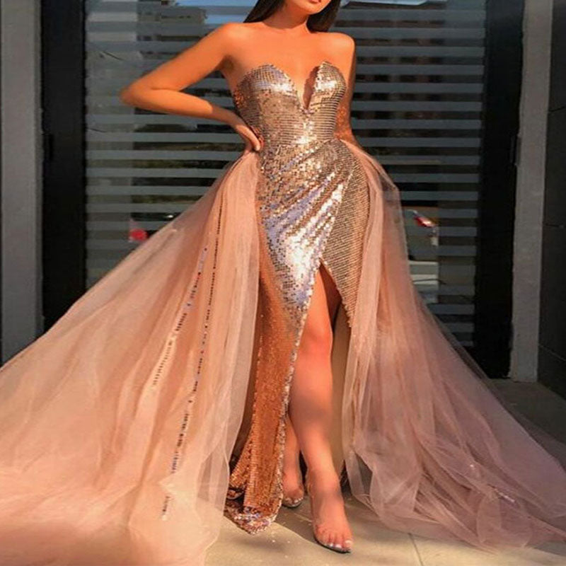 Sequins Off Shoulder High Slit Tulle Floor Length Dress