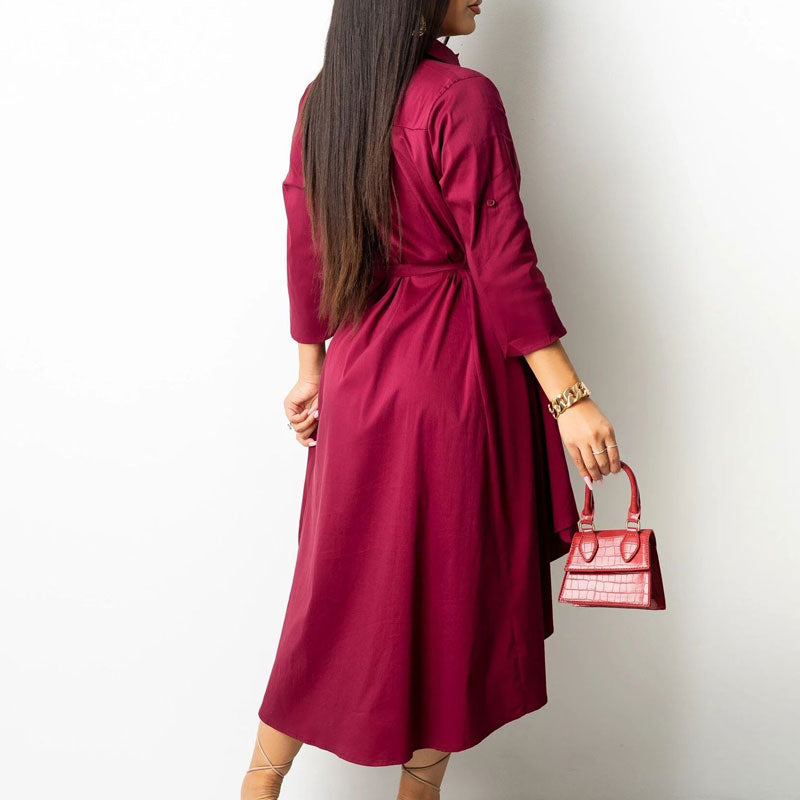 Solid Long Sleeve Button Detailed Belted Irregular Dress