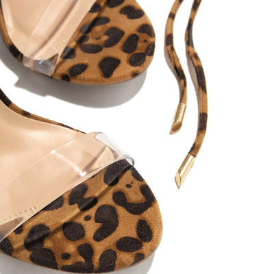 Leopard Pattern Transparent Strap Bandage Chunky Heels