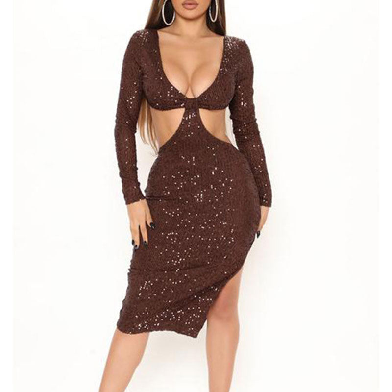 Sequins Deep V-Neck Long Sleeve Backless High Slit Midi Dress