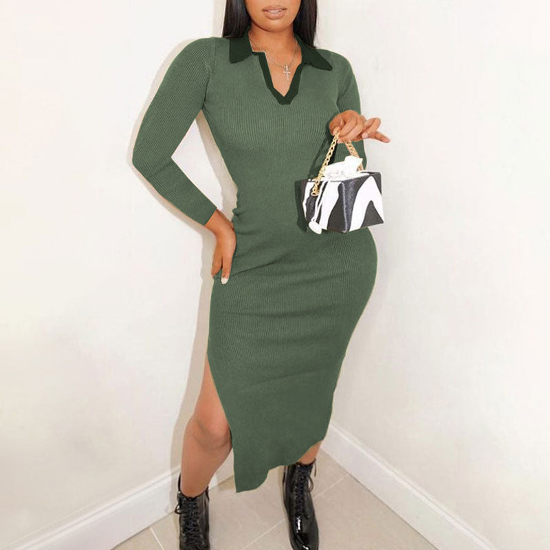 Solid V Neck Long Sleeve Ribbed High Slit Dress