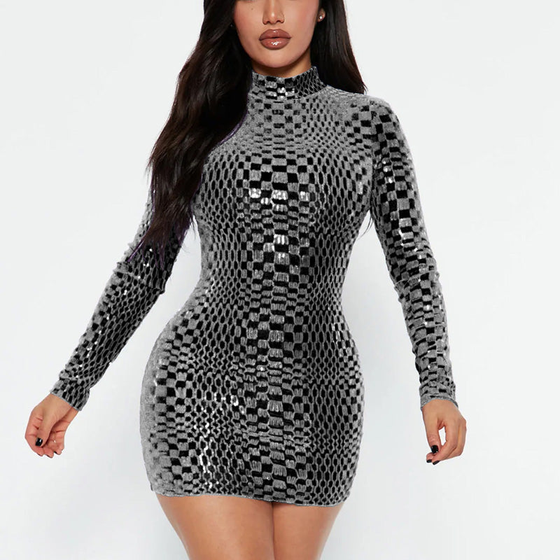 Sequins Turtleneck Long Sleeve Bodycon Dress