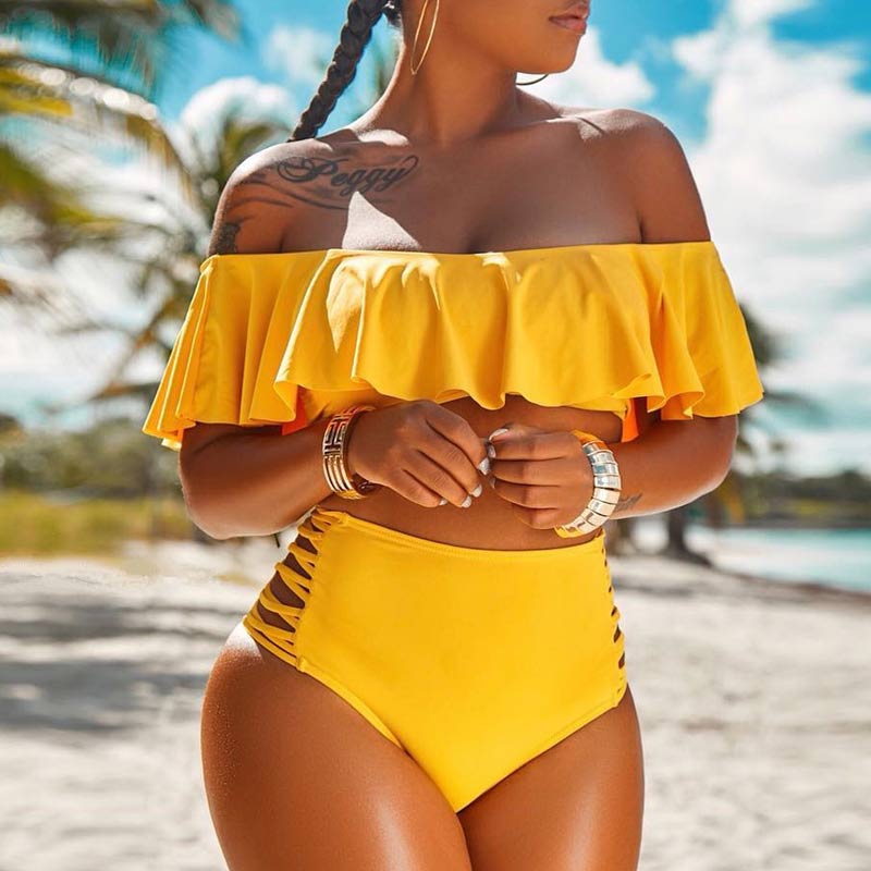 Off Shoulder Ruffles Two Pieces Bikini Set