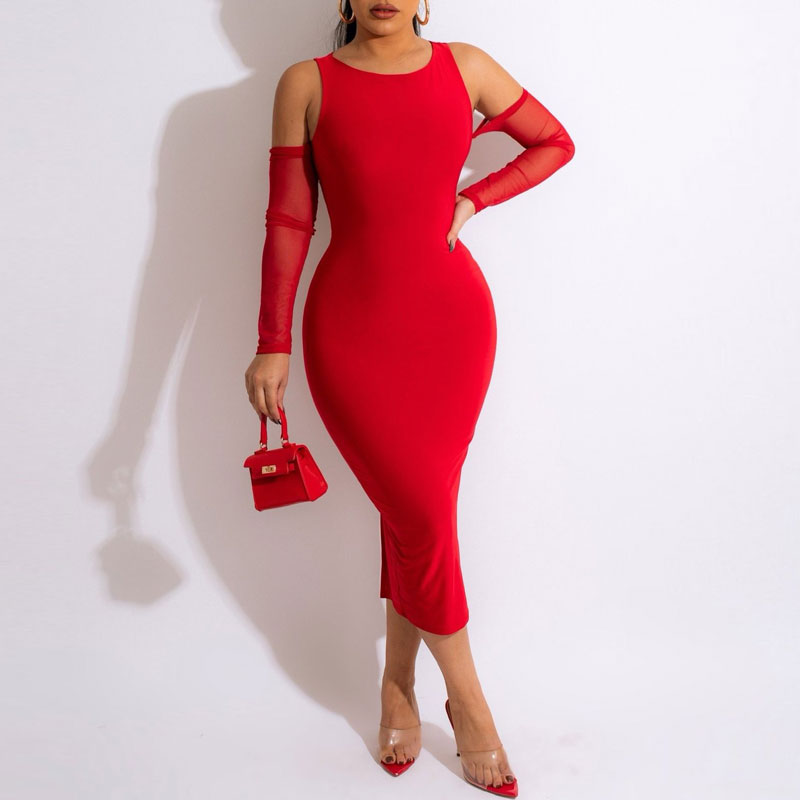 Solid Cold Shoulder Mesh Sleeve Midi Dress