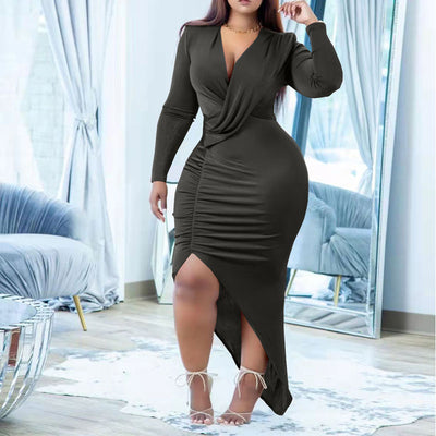 Solid V-Neck Long Sleeve Ruched Slit Dress