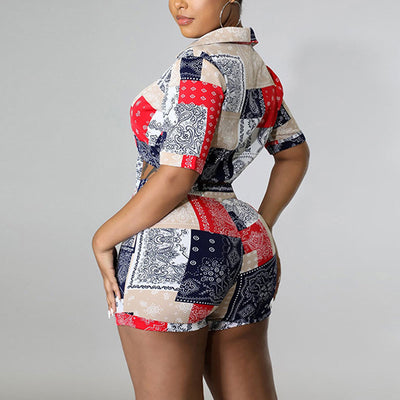 Paisley Pattern Short Sleeve Tied Blouse & Shorts Set