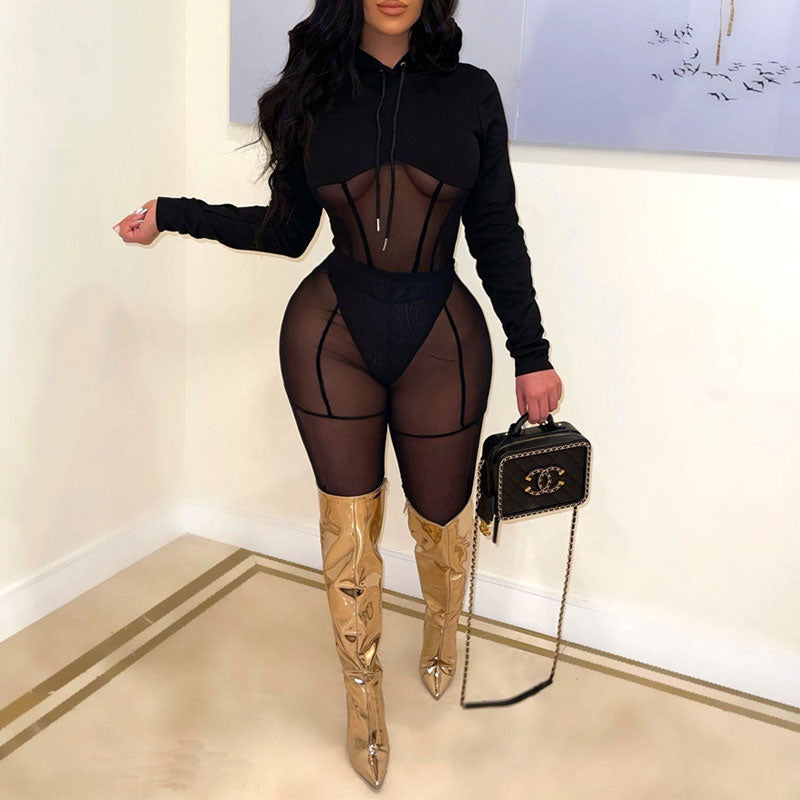 Solid Long Sleeve Sheer Mesh Patchwork Jumpsuit