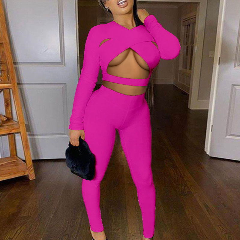 Solid Long Sleeve Cut Out Crop Top & Pants Set