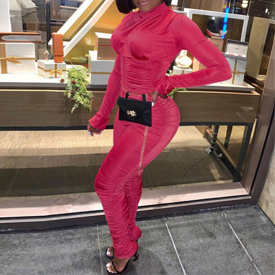 Solid Turtleneck Long Sleeve Ruched Jumpsuit