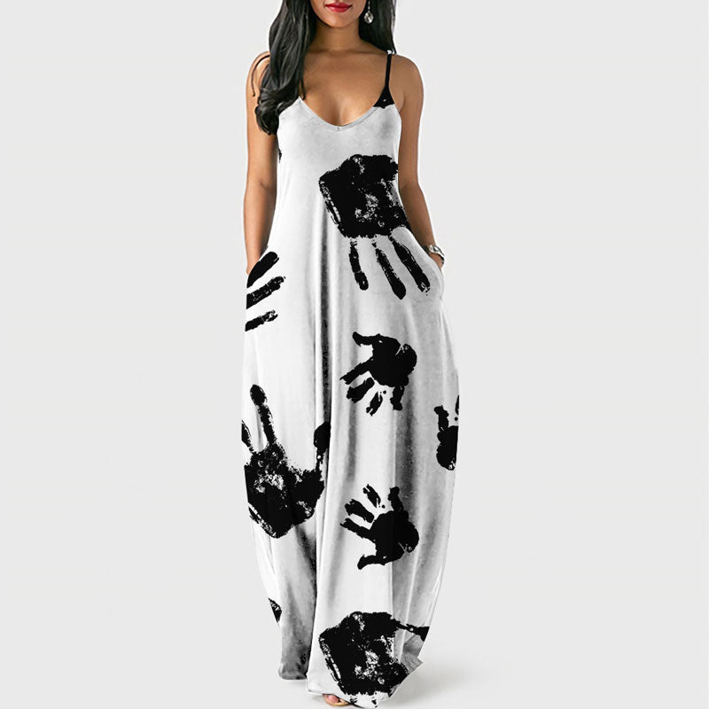 Halloween Pumpkin Print Pocket Design Spaghetti Strap Maxi Dress