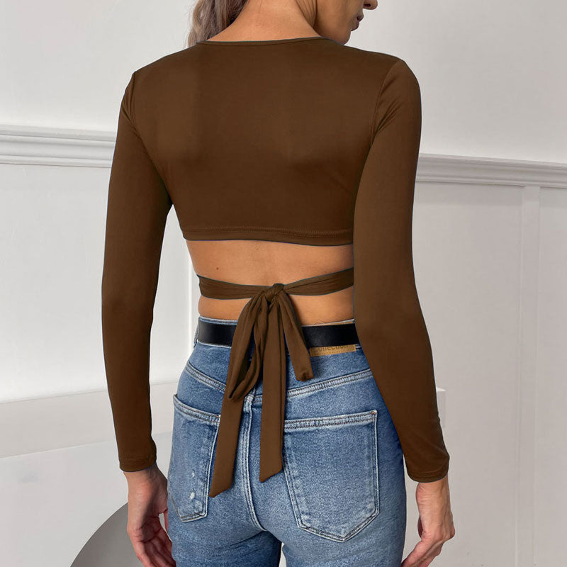 Solid Long Sleeve O-Ring Cut Out Crop Top