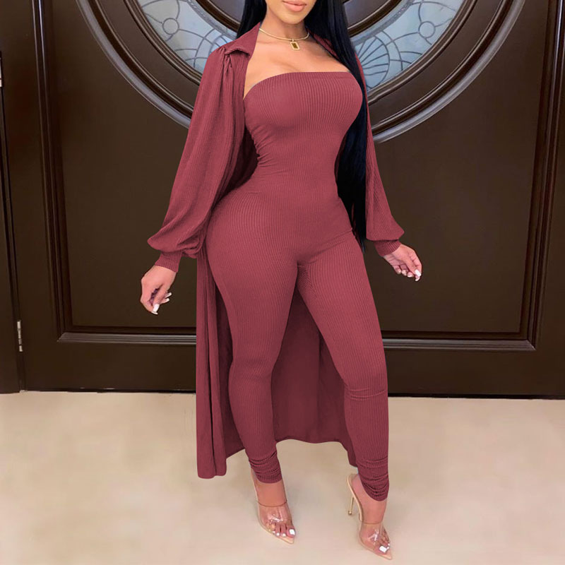 Solid Off Shoulder Jumpsuit & Long Coat Set