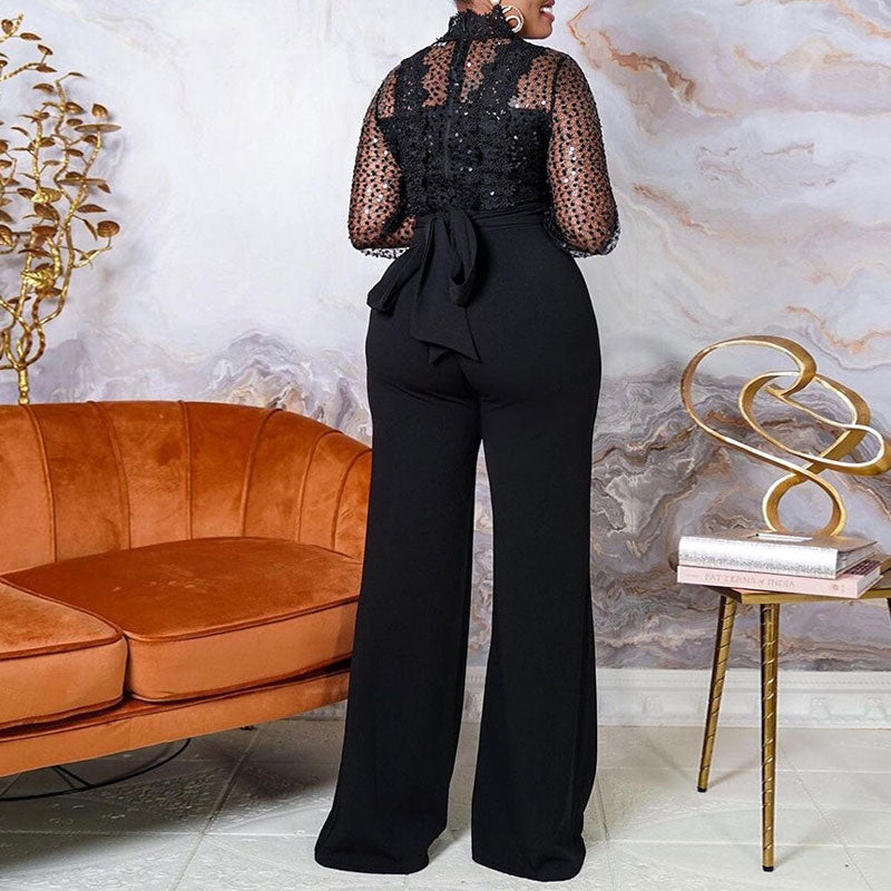 Rhinestone Long Sleeve Lace Top & Wide Leg Pants Set