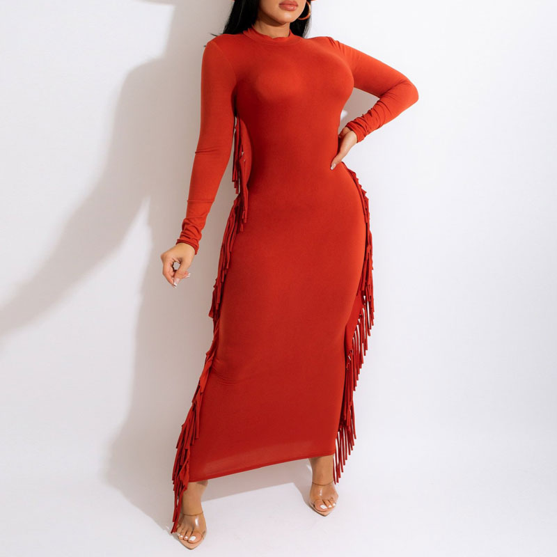 Solid Long Sleeve Tassel Design Maxi Dress