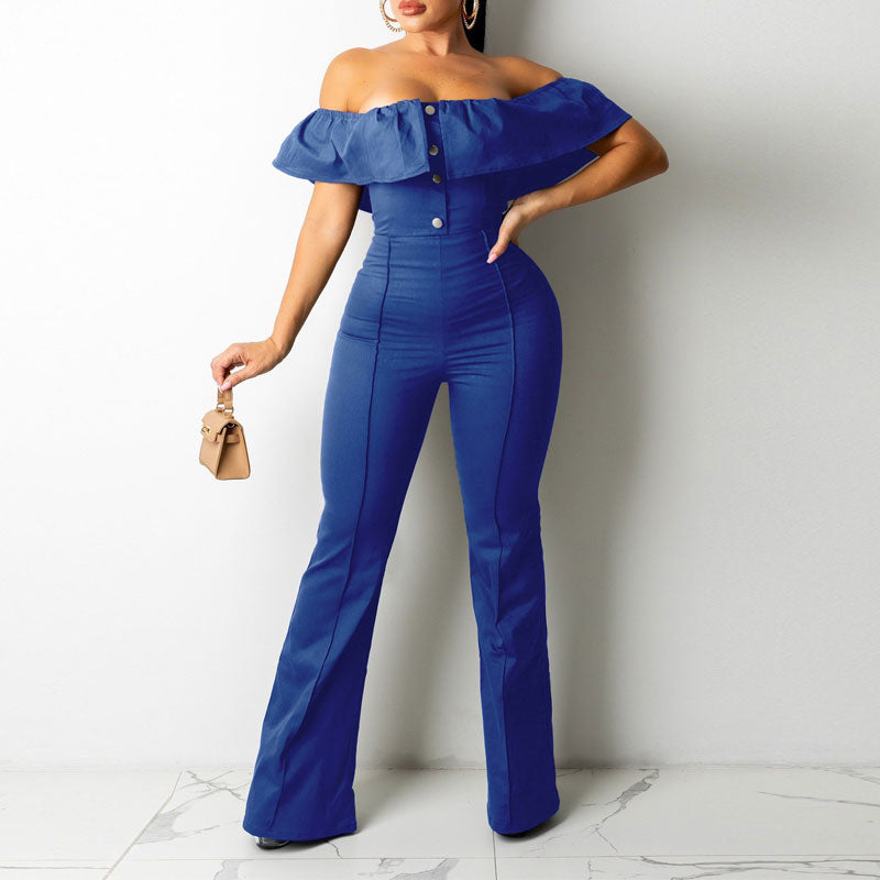 Solid Off Shoulder Button Detailed Ruffles Jumpsuit