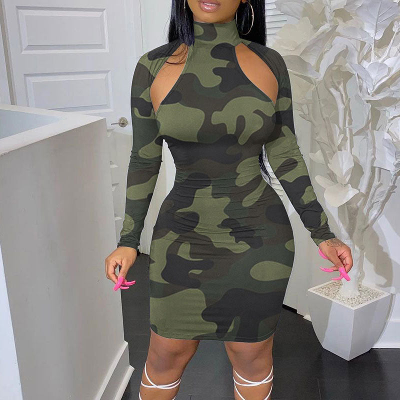 Camouflage Pattern Long Sleeve Cut Out Bodycon Dress