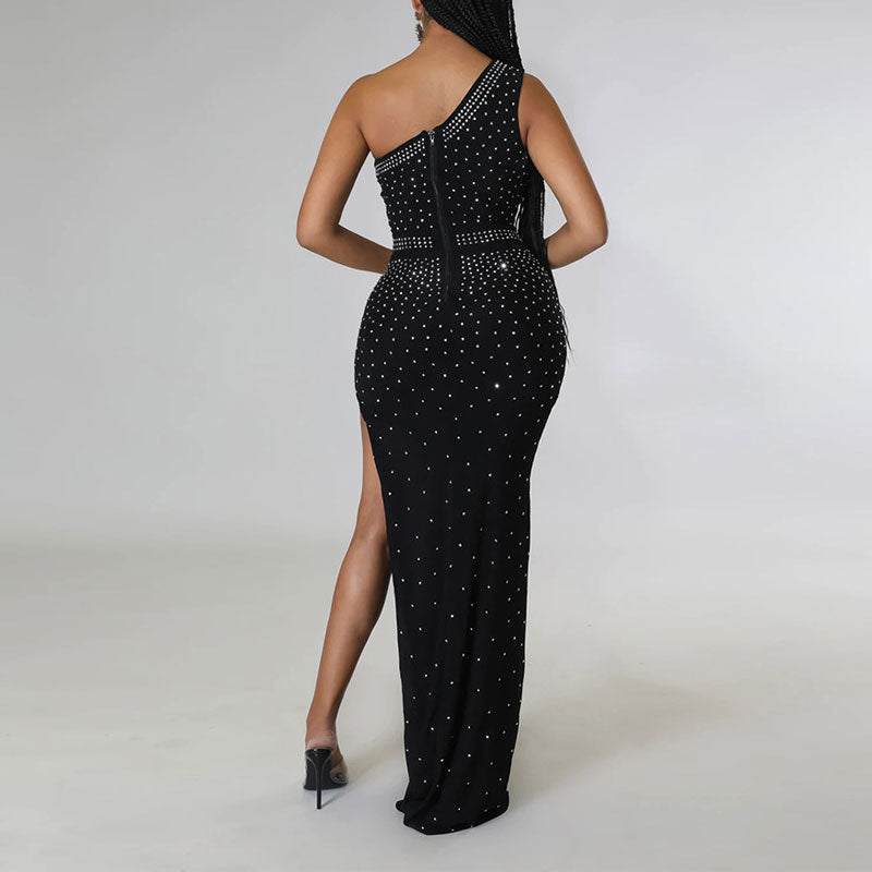 Rhinestone One Shoulder Sleeveless High Slit Maxi Dress