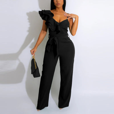 Solid Oblique Shoulder Ruffled Belted Jumpsuit