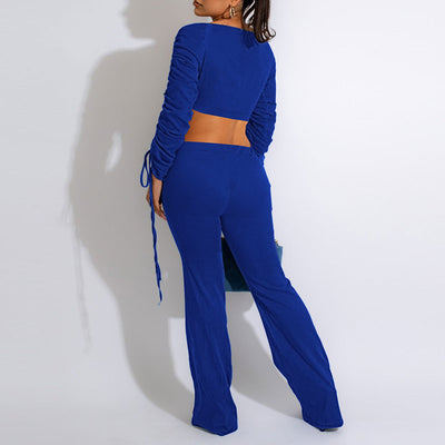 Solid V-Neck Long Sleeve Drawstring Crop Top & Pants Set