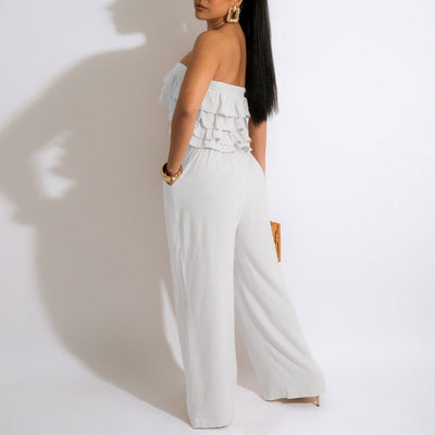 Solid Off Shoulder Lace Up Tube Top & Wide Leg Pants Set