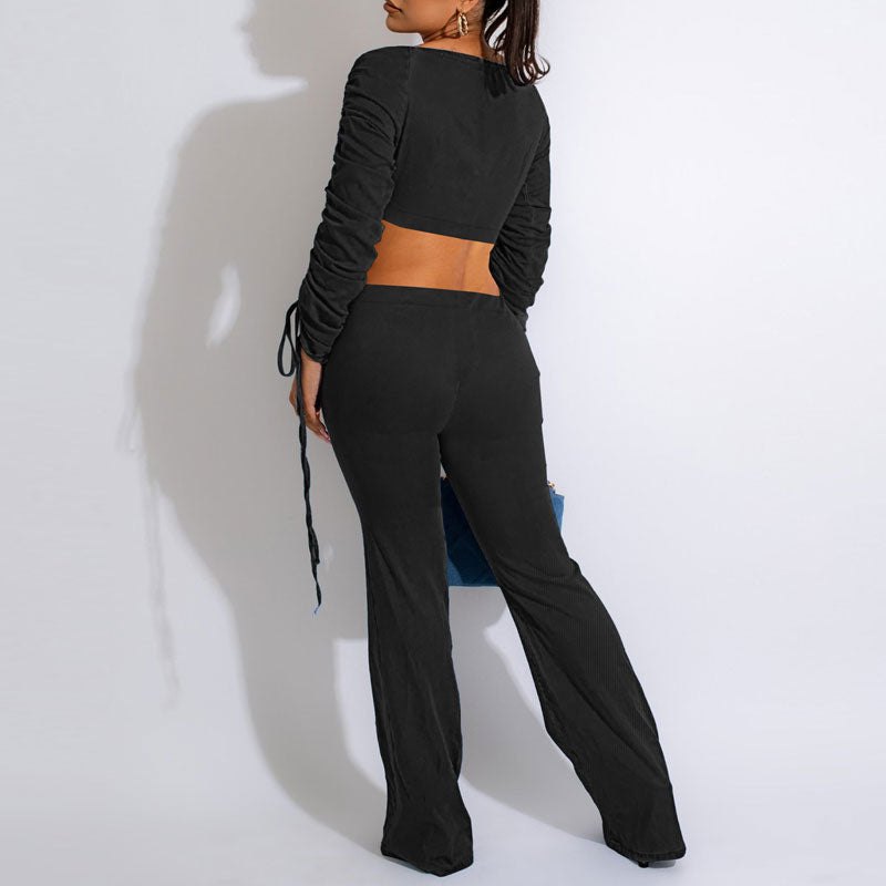 Solid V-Neck Long Sleeve Drawstring Crop Top & Pants Set