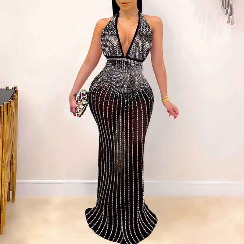 Rhinestone Deep V-Neck Sleeveless Sheer Mesh Maxi Dress