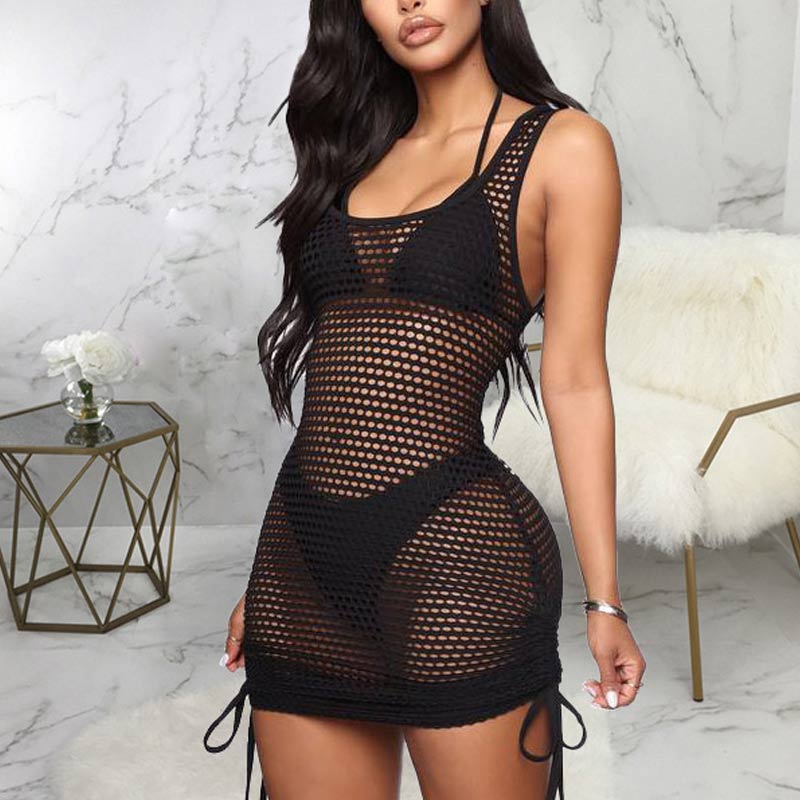 Thick Strap Drawstring Hollow Out Dress Cover-ups