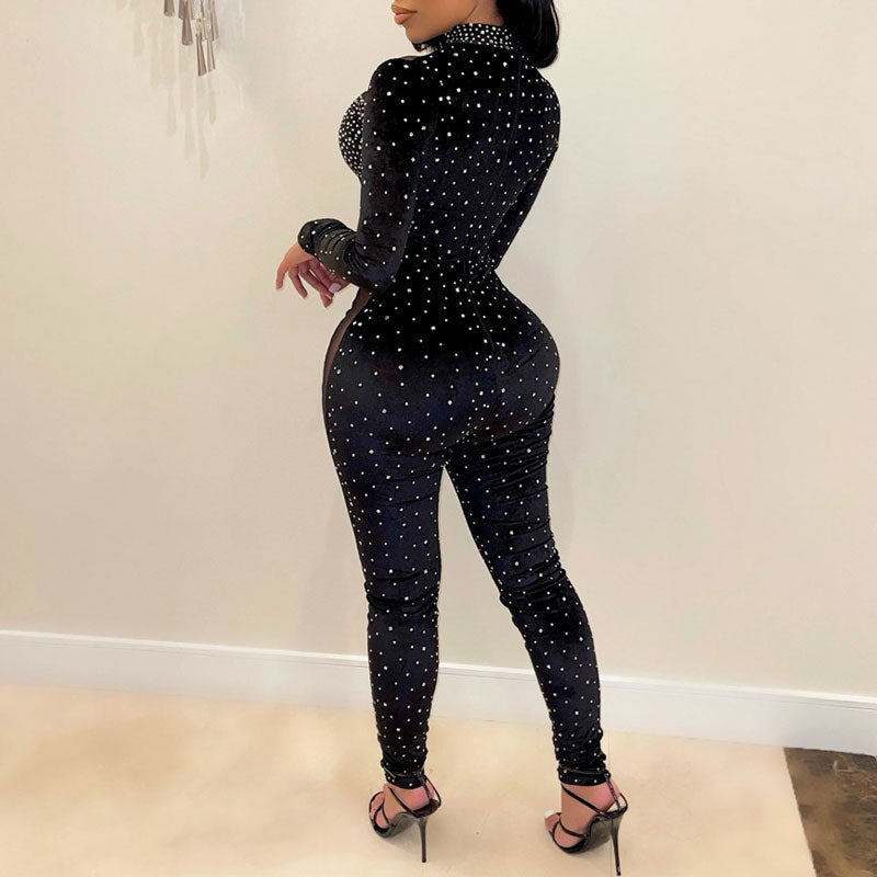 Rhinestone Long Sleeve Sheer Mesh Patchwork Jumpsuit