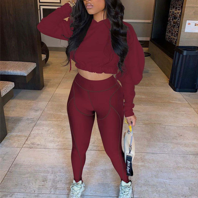 Solid Long Sleeve Hoodie Crop Top & Pants Set