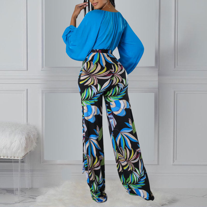 Solid Deep V-Neck Lantern Sleeve Top & Print Pants Set