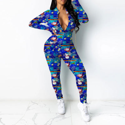 Christmas Pattern Long Sleeve Zipper Design Skinny Jumpsuit