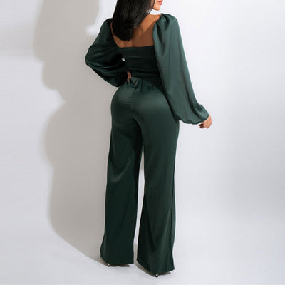 Solid Square Neck Long Sleeve Belted Jumpsuit