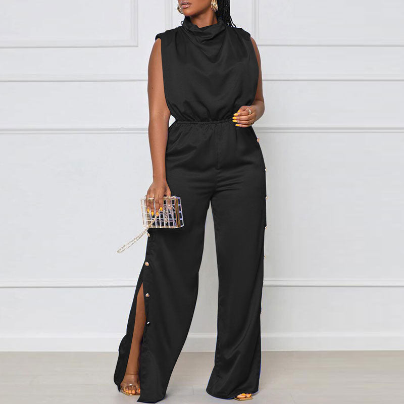 Solid Sleeveless Cowl Neck Button Detailed Slit Jumpsuit