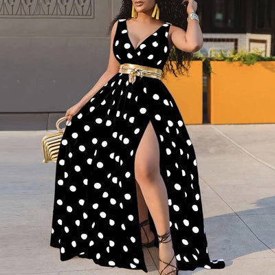 Polkadot Print Deep V-Neck High Slit Maxi Dress