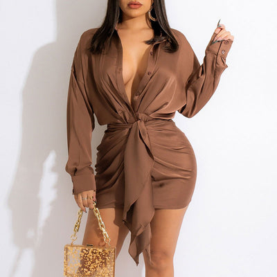 Solid Deep V-Neck Long Sleeve Knotted Bodycon Dress