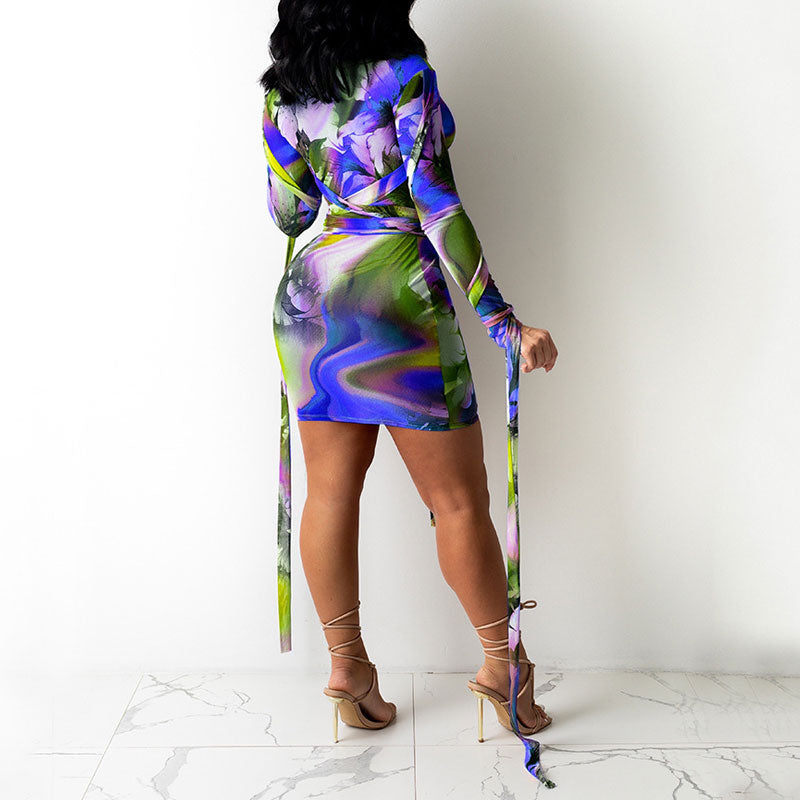 Print Long Sleeve Bandage Sheer Mesh Bodycon Dress