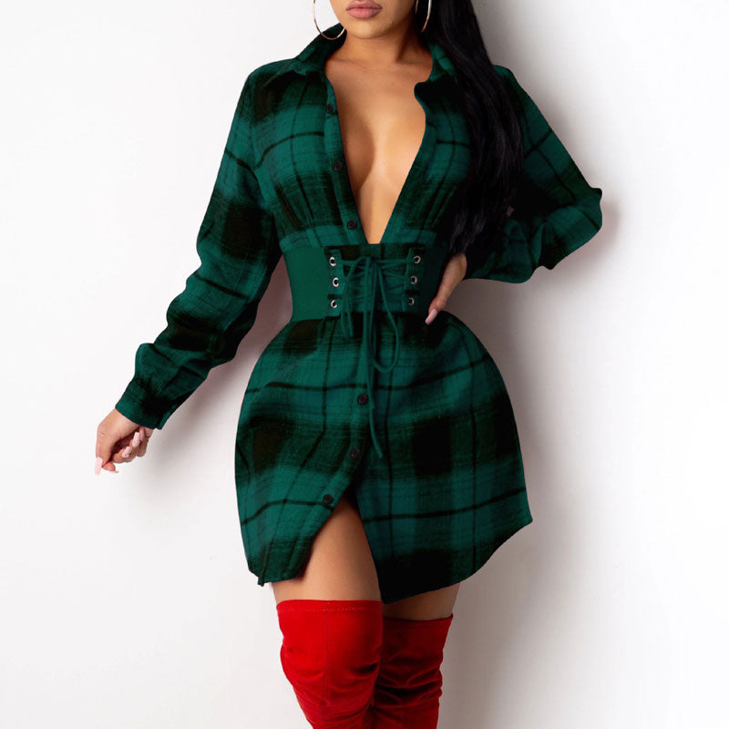 Plaid Pattern Long Sleeve Shirt Dress Without Belt