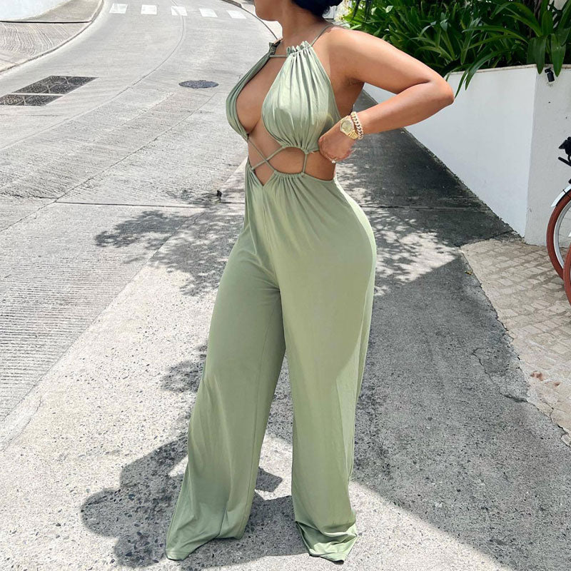 Solid Sleeveless Cut Out Wide Leg Jumpsuit