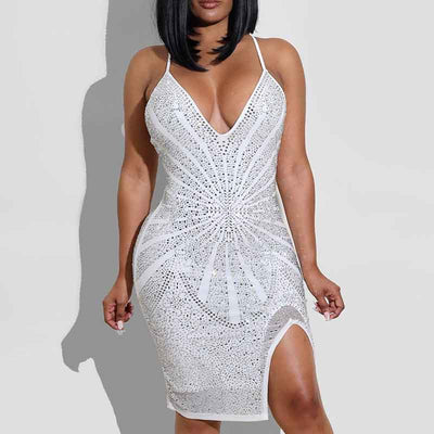 Rhinestone V-Neck Sleeveless Slit Dress