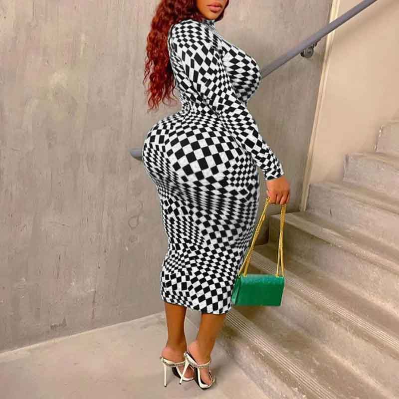 Print Long Sleeve Plus Size Midi Dress