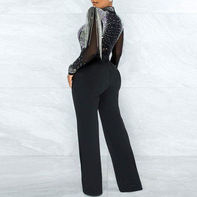 Rhinestone Tassel Design Long Sleeve Sheer Mesh Jumpsuit