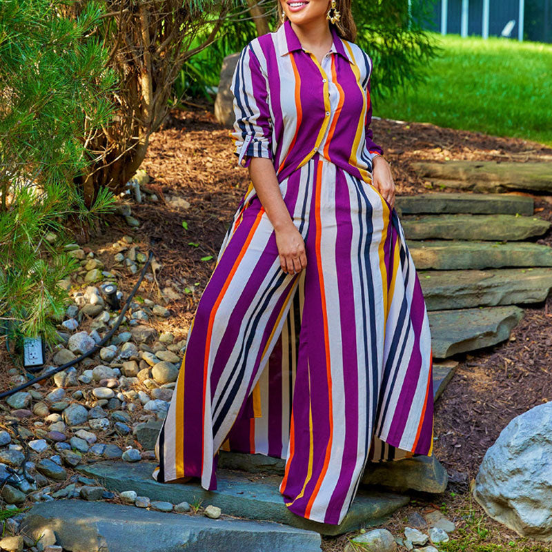 Striped Long Sleeve Shirt Dress & Wide Leg Pants Set